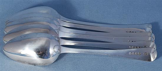 A set of six George III silver Old English pattern table spoons, Length 218 mm, weight 13.2oz/411 grms